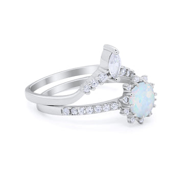 Two Piece Art Deco Bridal Set Ring Band Round Lab Created White Opal 925 Sterling Silver